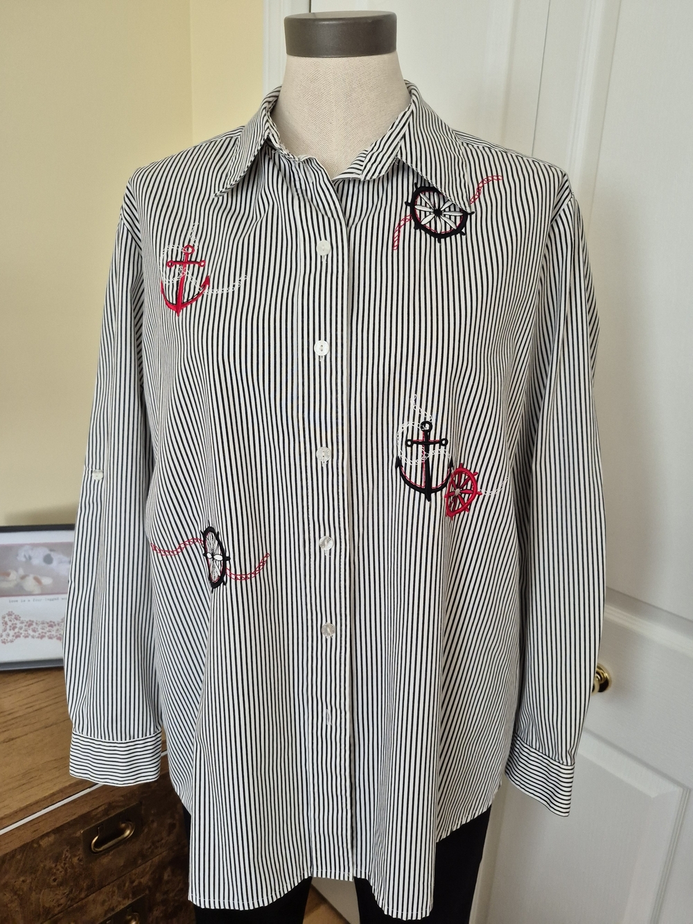 Alia Black & White Striped Button-Down Shirt with Red Nautical Embroidery